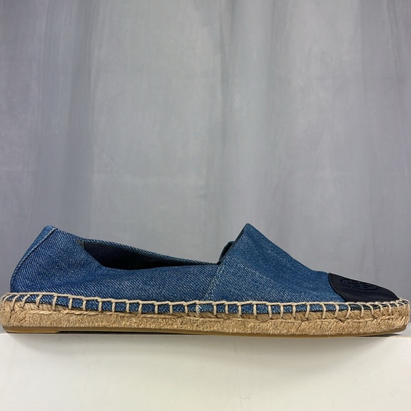 Tory Burch Denim Chambray Navy Leather Color Block Espadrille Flats. - Picture 6 of 15